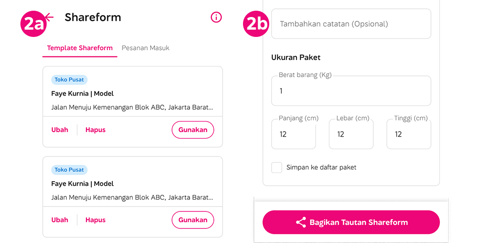 Klik gunakan template dan isi detail barang yang akan dikirim ke Penerima 