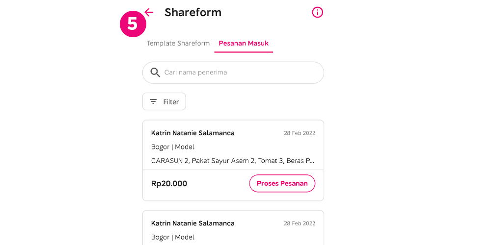 Setelah Penerima mengisi alamatnya, Anda bisa cek di “Pesanan Masuk” pada menu Shareform 