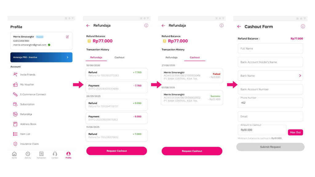 Langkah melakukan cash out saldo RefundAja di aplikasi Anteraja.